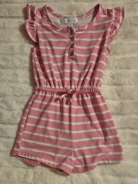 btween Pink & White Striped Girls Romper with Flutter Sleeves